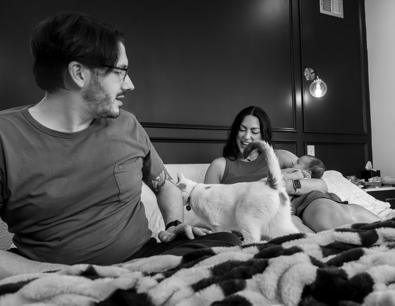 New parents and their dog on the bed with their newborn — documentary newborn photography at home in Philadelphia